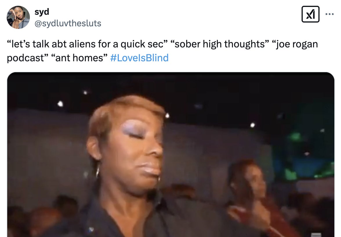Person turning away with a dismissive expression, while a tweet above lists various podcast topics like aliens and "Love Is Blind."