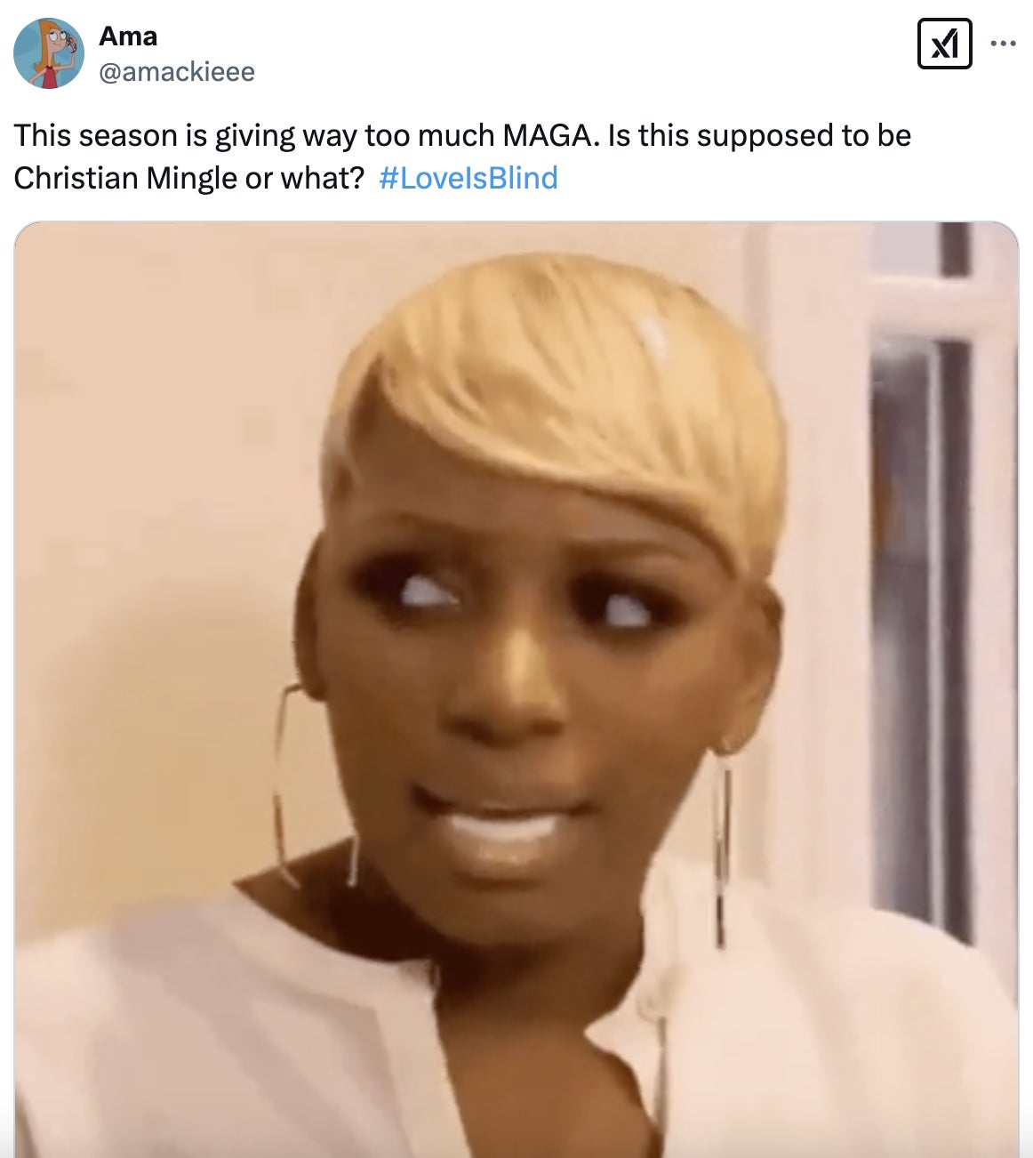 Person with short hair and hoop earrings looking sideways, caption mentions "MAGA" and "Christian Mingle," with hashtag #LoveIsBlind