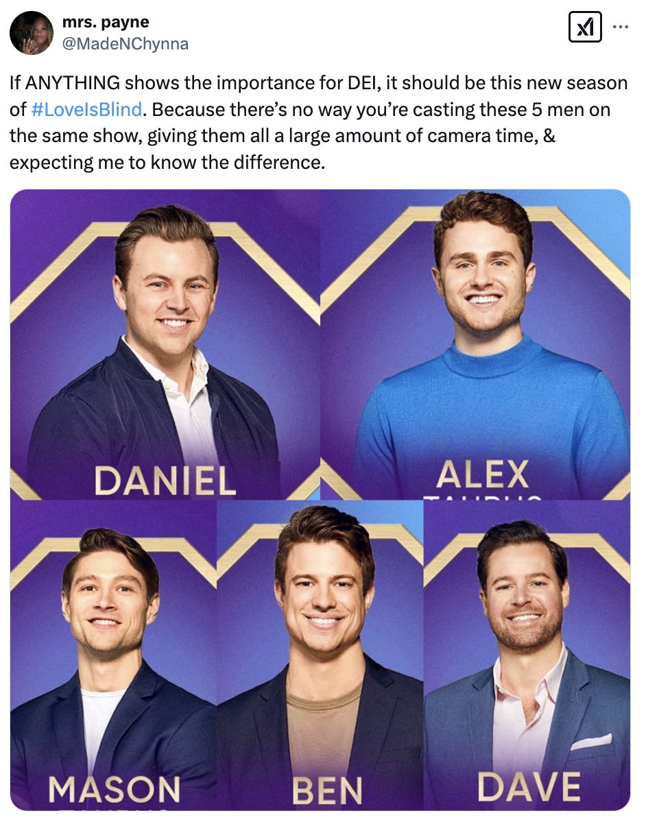 Five men with similar haircuts and attire are featured side by side in a promotional image for "Love Is Blind," highlighting casting choices