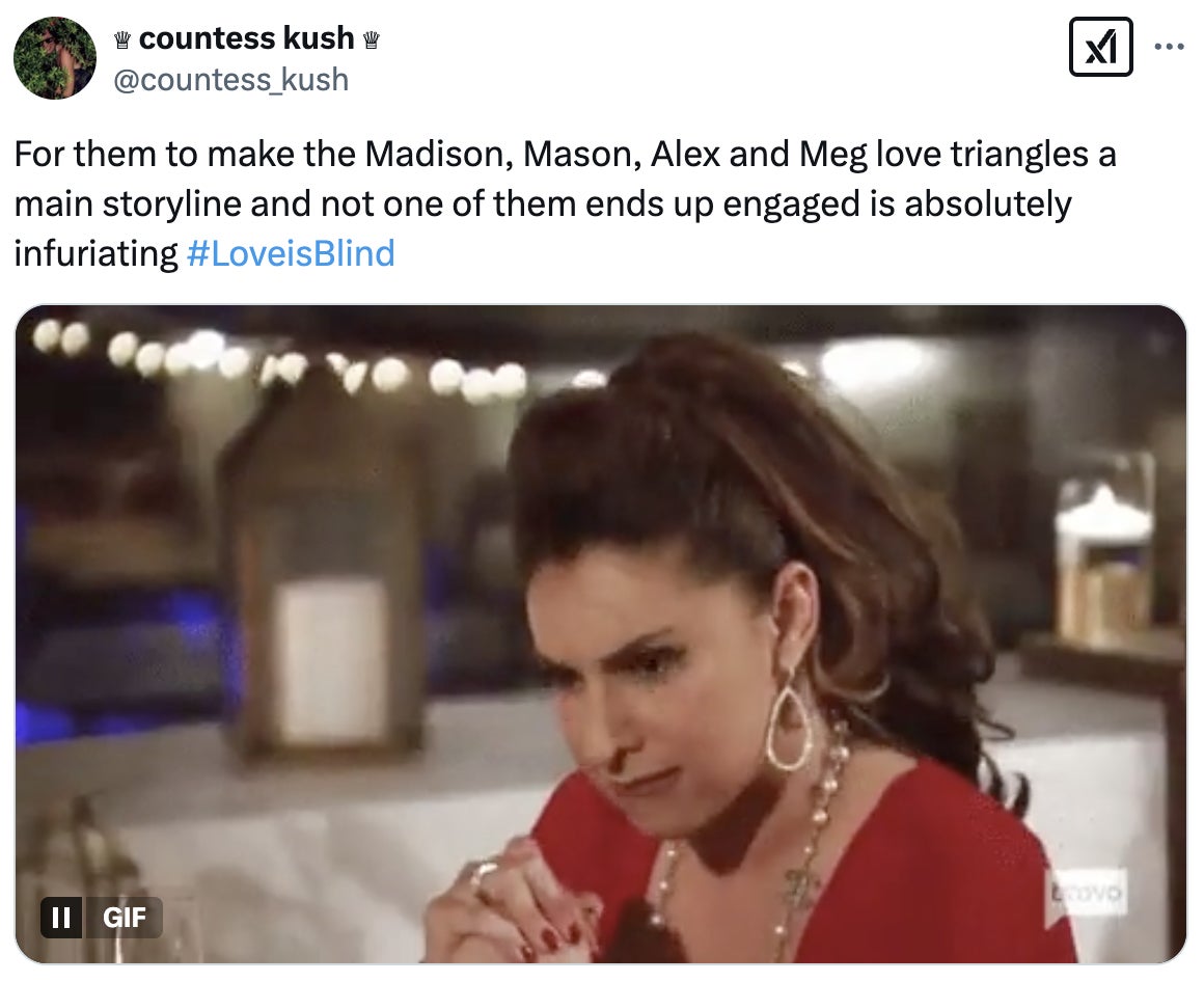 A person in a red top appears focused, seemingly reacting intensely, with a TV network logo visible. Tweet mentions love triangles in "Love is Blind."