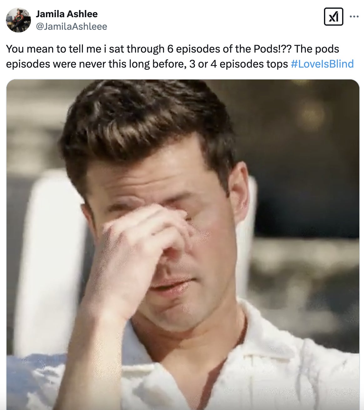 Man rubbing his forehead with eyes closed, appearing exasperated, in response to a tweet about the length of "Love Is Blind" episodes