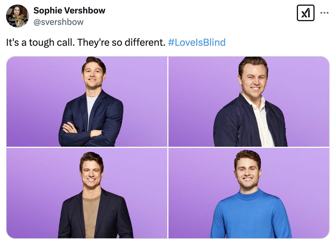 Four individuals are pictured, each in smart-casual outfits. The post references "Love Is Blind."