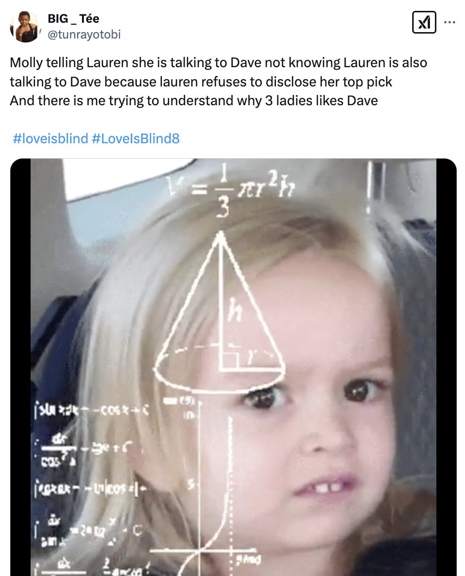 A meme showing a confused child with a math equation overlay. Above is text about a dating scenario involving characters named Lauren, Dave, and Molly