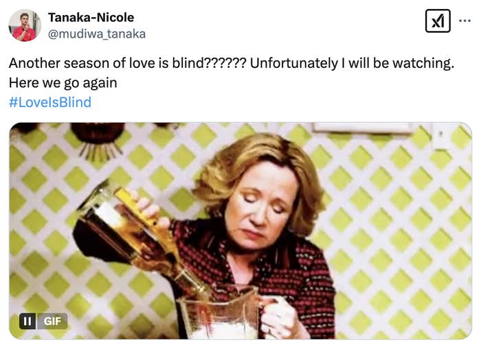 Woman pouring wine into blender in a kitchen, looking resigned. Tweet text reads: