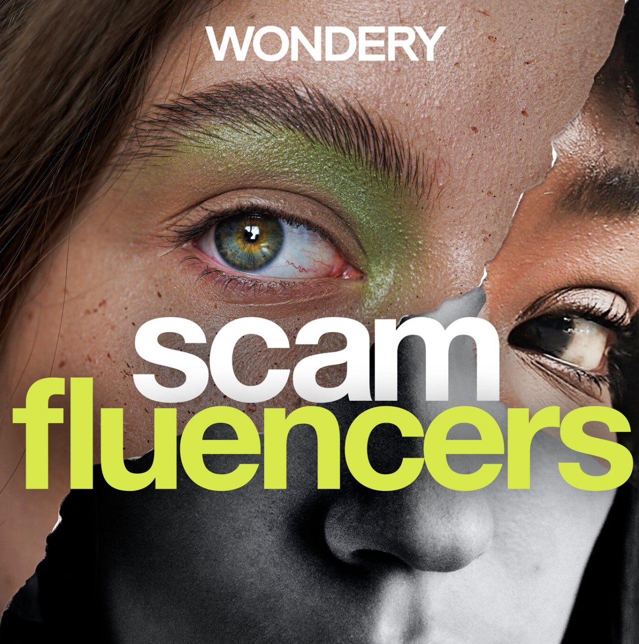 "Scamfluencers" podcast cover art featuring two faces blending together, highlighting themes of deceit and influencer culture