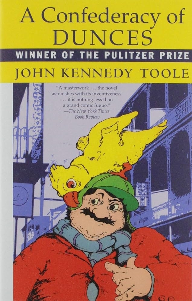Book cover of &quot;A Confederacy of Dunces&quot; by John Kennedy Toole, featuring an illustration of a man in an ornate city setting with a parrot on his head
