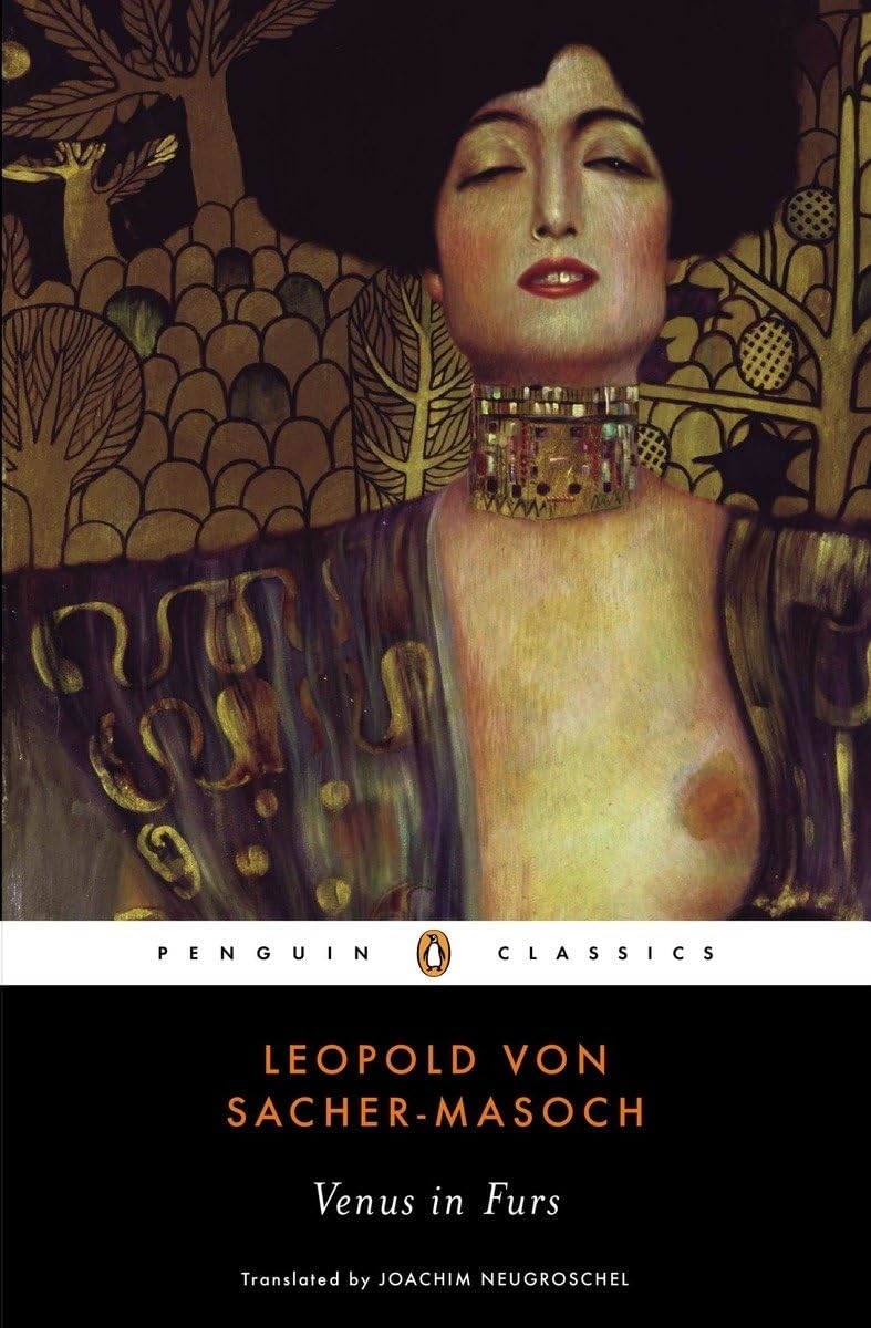 Cover of &quot;Venus in Furs&quot; by Leopold von Sacher-Masoch, showing an illustrated woman with closed eyes wearing an ornate dress and choker