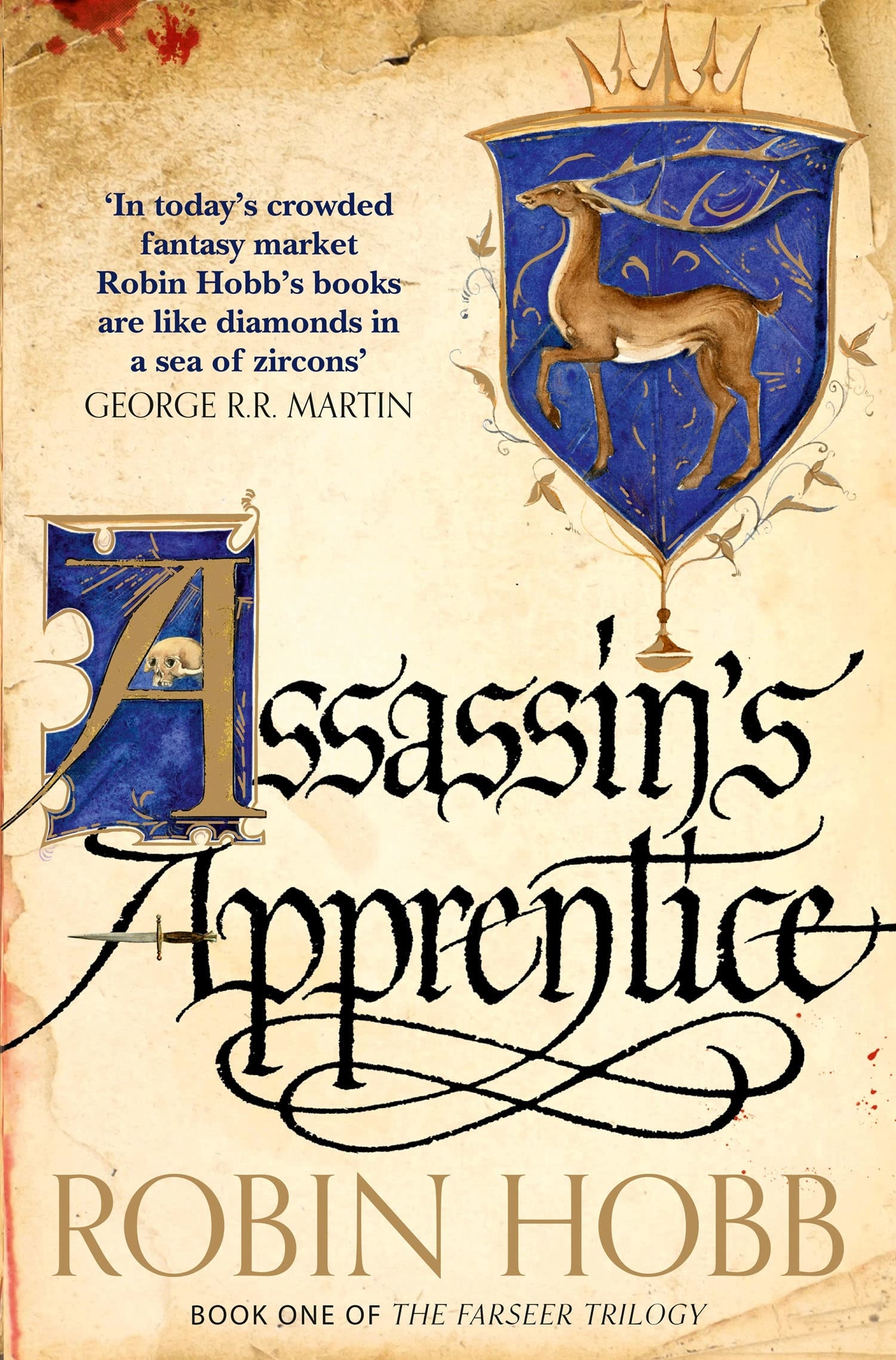 Book cover of &quot;Assassin&#x27;s Apprentice&quot; by Robin Hobb, with praise from George R.R. Martin. Features a medieval-inspired design with a horse emblem