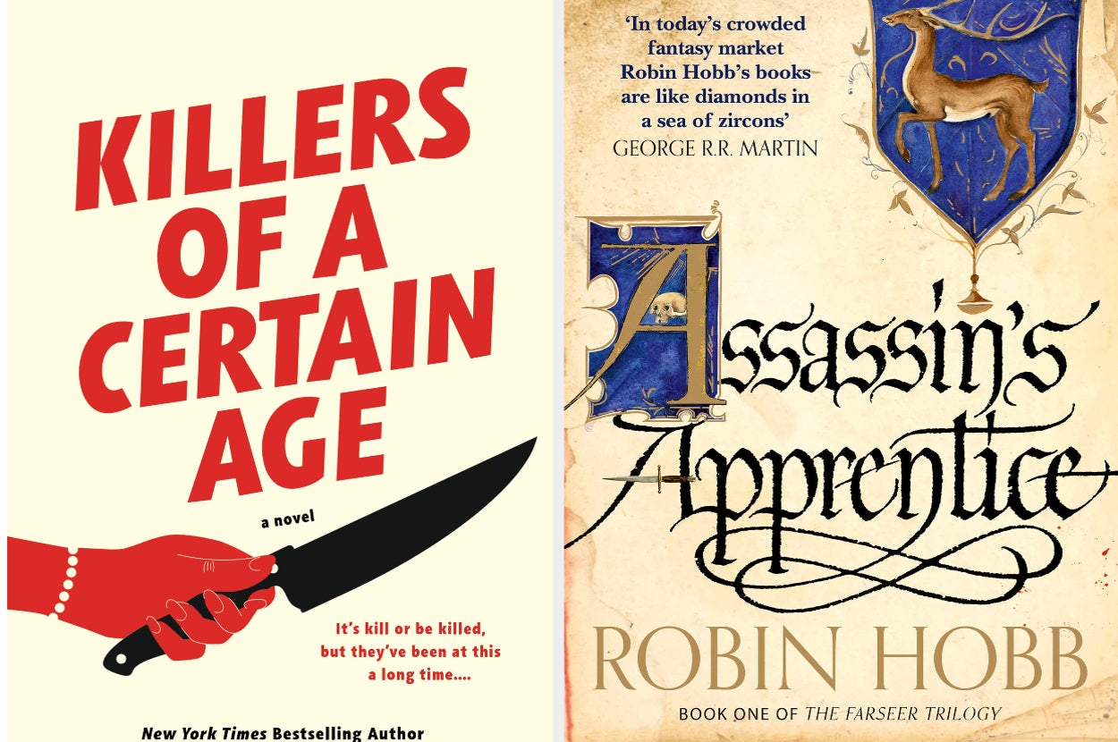 Covers of "Killers of a Certain Age" and "Assassin's Apprentice" by Robin Hobb, featuring a hand with a knife and medieval motifs, respectively