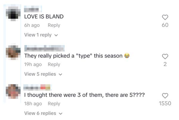 Social media comments discuss a TV show, with opinions on cast diversity and a viewer surprised by the number of participants, One person commented, &quot;LOVE IS BLAND&quot;