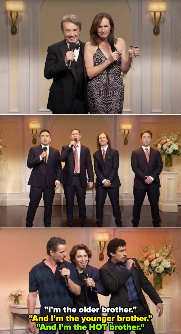 Several celebrities perform comedy sketches on a stage, dressed in formal and casual attire