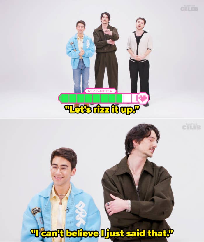 Milo, Nick, and Spencer pose in stylish outfits with playful expressions; one in a blue jacket, another in a brown suit, and the third in a casual shirt