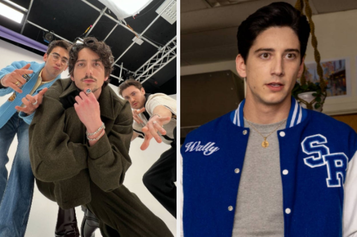 Milo Manheim, Nick Pugliese and Spencer MacPherson from "School Spirits" posing for a selfie vs Milo as Wally in the show