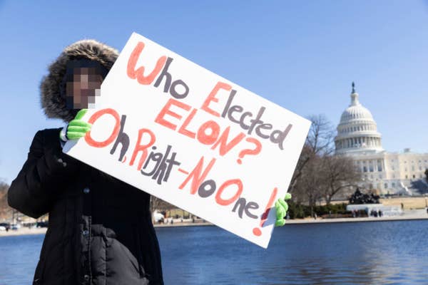 Person holds sign reading, "Who Elected Elon? Oh Right - No One!" in front of U.S. Capitol building