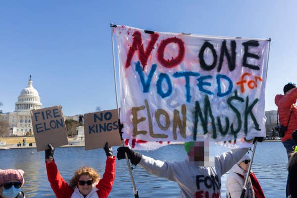 Protesters holding signs near a body of water and a government building. Signs read "No one voted for Elon Musk" and "Fire Elon" with "No Kings."