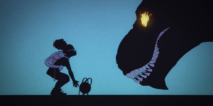 Silhouette of a child with a backpack and VR headset facing a large dinosaur-like creature with glowing eyes in a digital art style