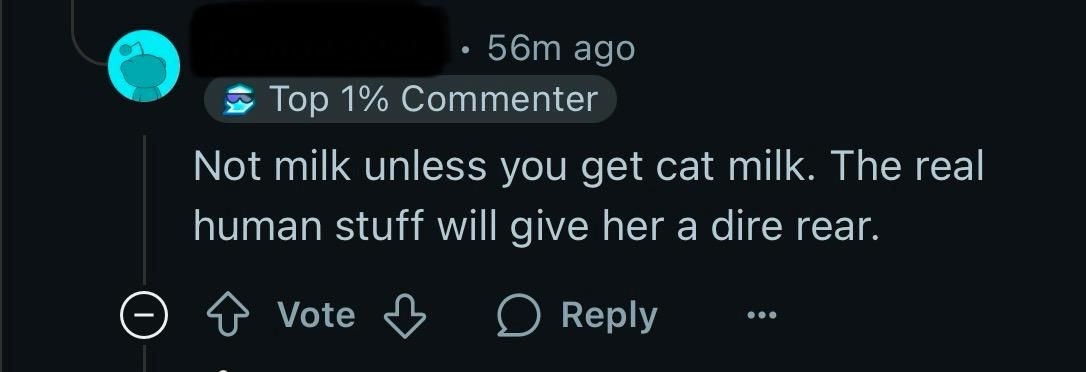 Online comment advises cat milk for pets, warning human milk causes digestive issues