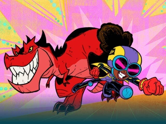 A cartoon superhero in a sleek suit and helmet rides a fierce, grinning dinosaur against a vibrant comic-style background