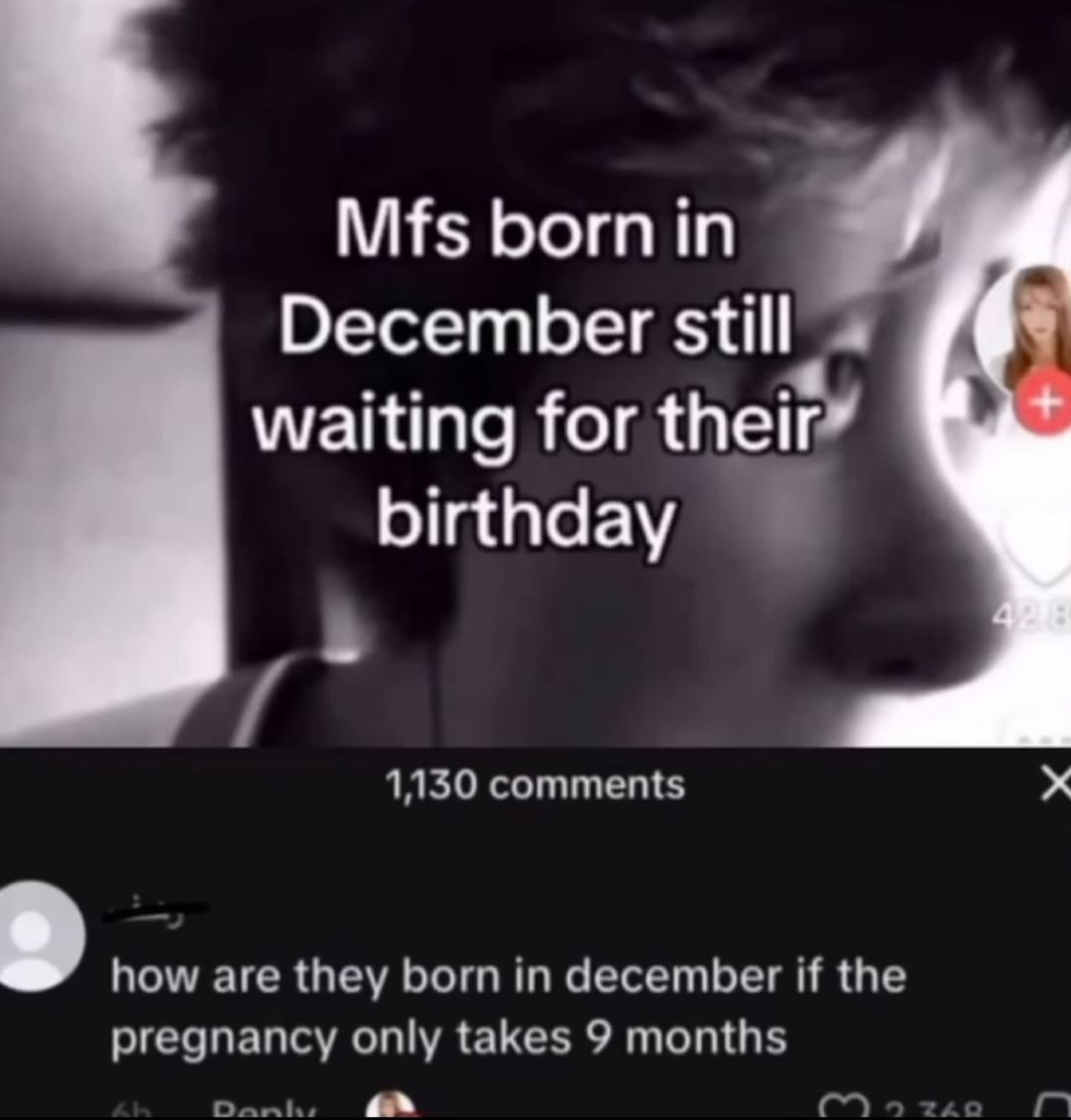 Image of a social media post with text saying "Mfs born in December still waiting for their birthday," followed by a perplexed comment