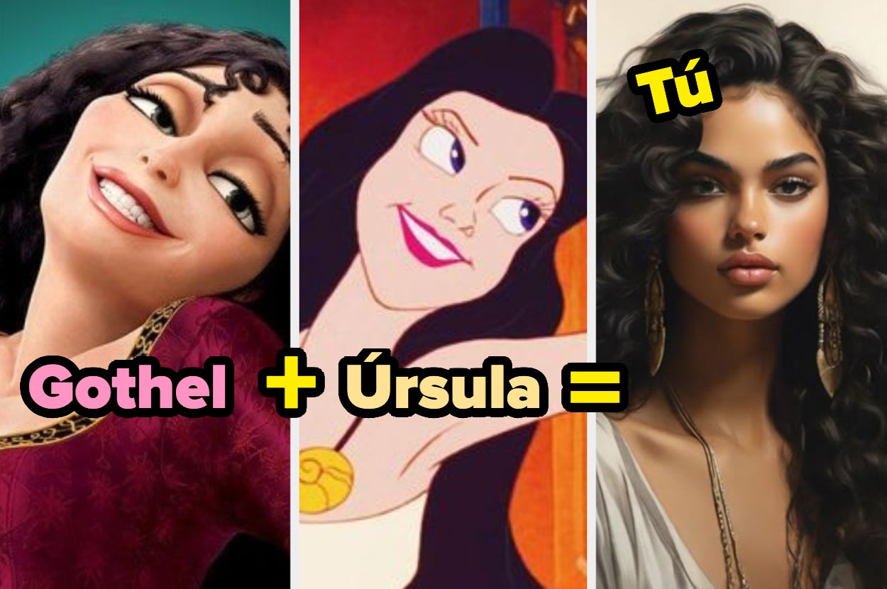 Dos personajes animados a la izquierda, etiquetados como "Gothel" y "Úrsula", junto a una mujer real a la derecha, etiquetada como "Tú"