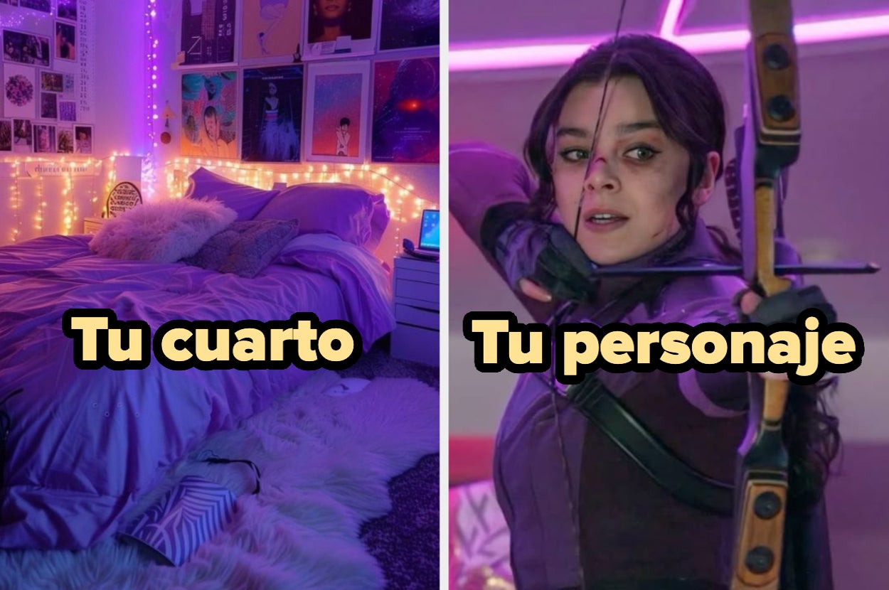 Imagen dividida: a la izquierda, un dormitorio decorado; a la derecha, persona sosteniendo un arco. Texto: "Tu cuarto" y "Tu personaje"