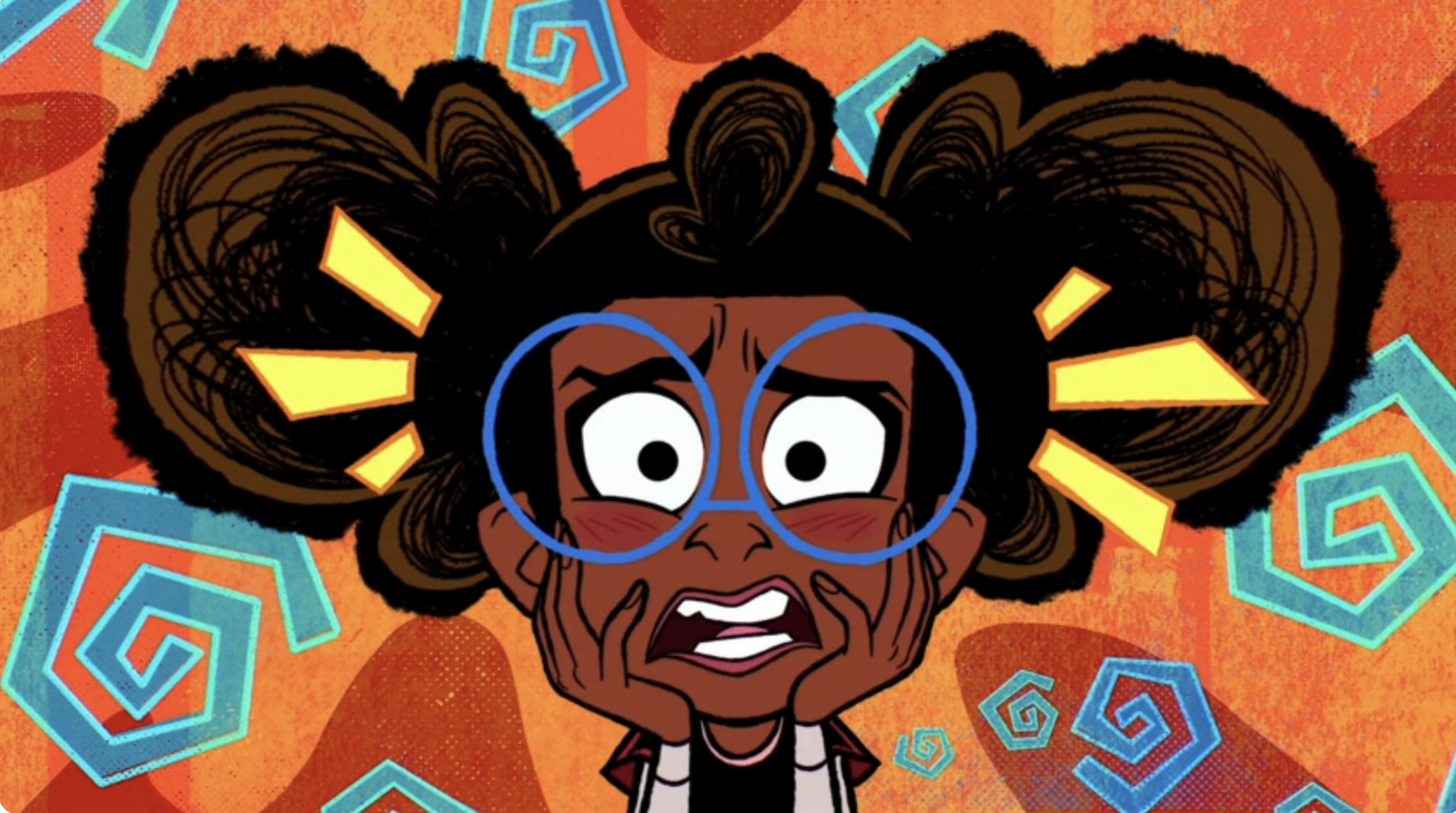 Animated character with large blue glasses looks surprised, with hands on face and hair styled in big puffs. Background has abstract swirling patterns
