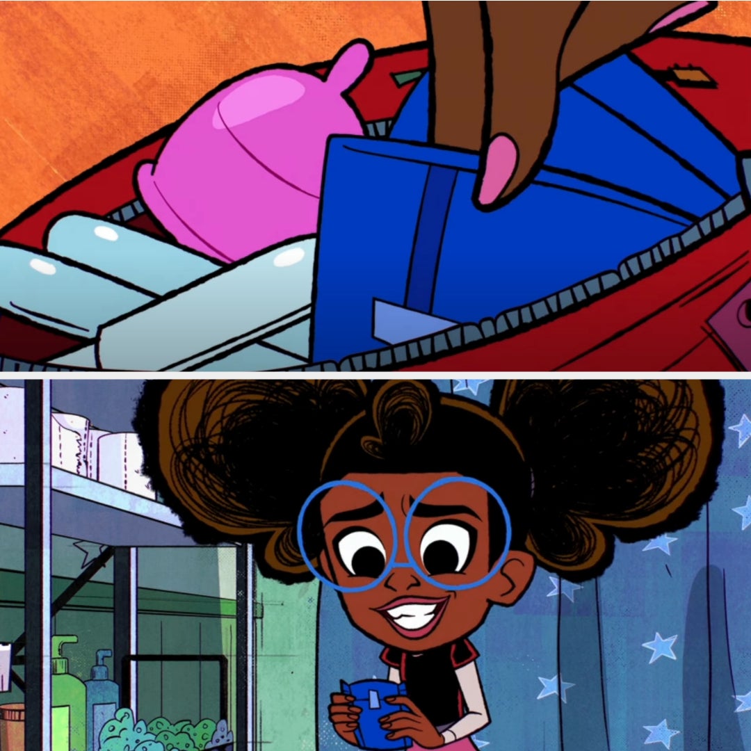 Top panel shows a hand placing items in a bag. Bottom panel depicts a smiling character with big glasses holding something blue