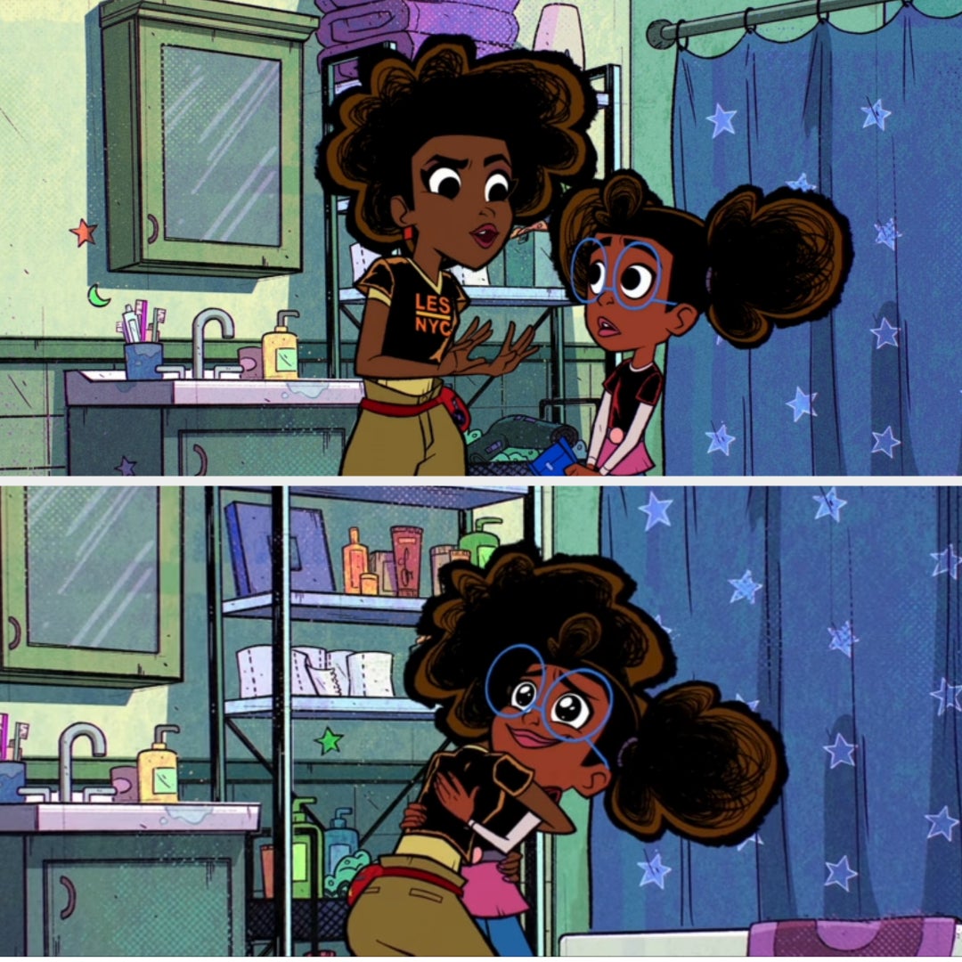 Animated scene of two characters in a bathroom talking. One adult, one child, with expressive faces and gestures. Shelves visible in the background