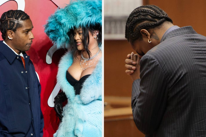 Left: ASAP Rocky and Rihanna on a red carpet. Right: ASAP Rocky in a courtroom, with his hands clasped in front of his face