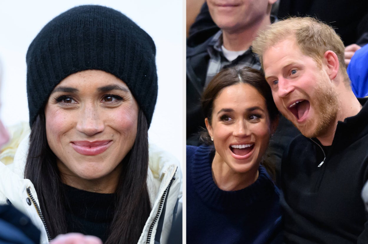 Two candid photos of a woman wearing a knit hat and smiling, and a couple joyfully watching an event together