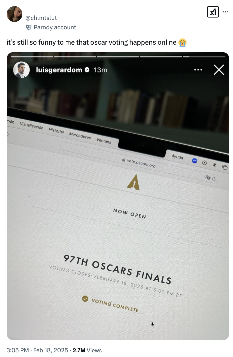 Screenshot of Twitter post with image of a webpage showing "97th Oscars Finals" and "Voting Complete" message