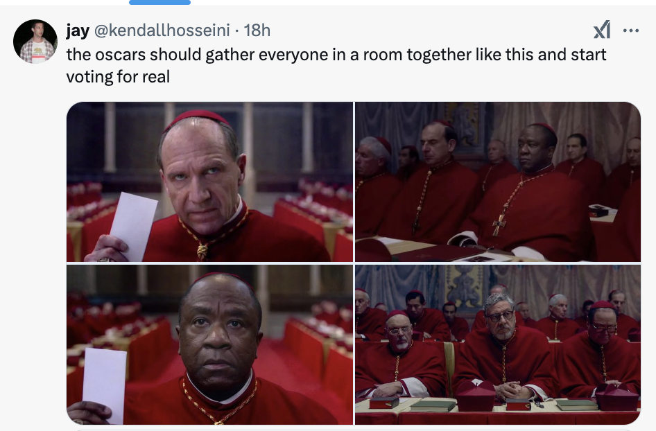 A Twitter post humorously suggests the Oscars adopt a papal conclave-style voting process, with images of cardinals holding ballots