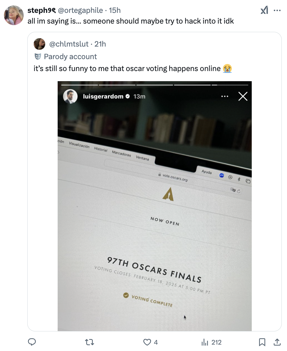 Tweet about Oscars voting vulnerability and online voting humor. Screenshot shows a website for Oscar voting finals, dated February 18, 2023
