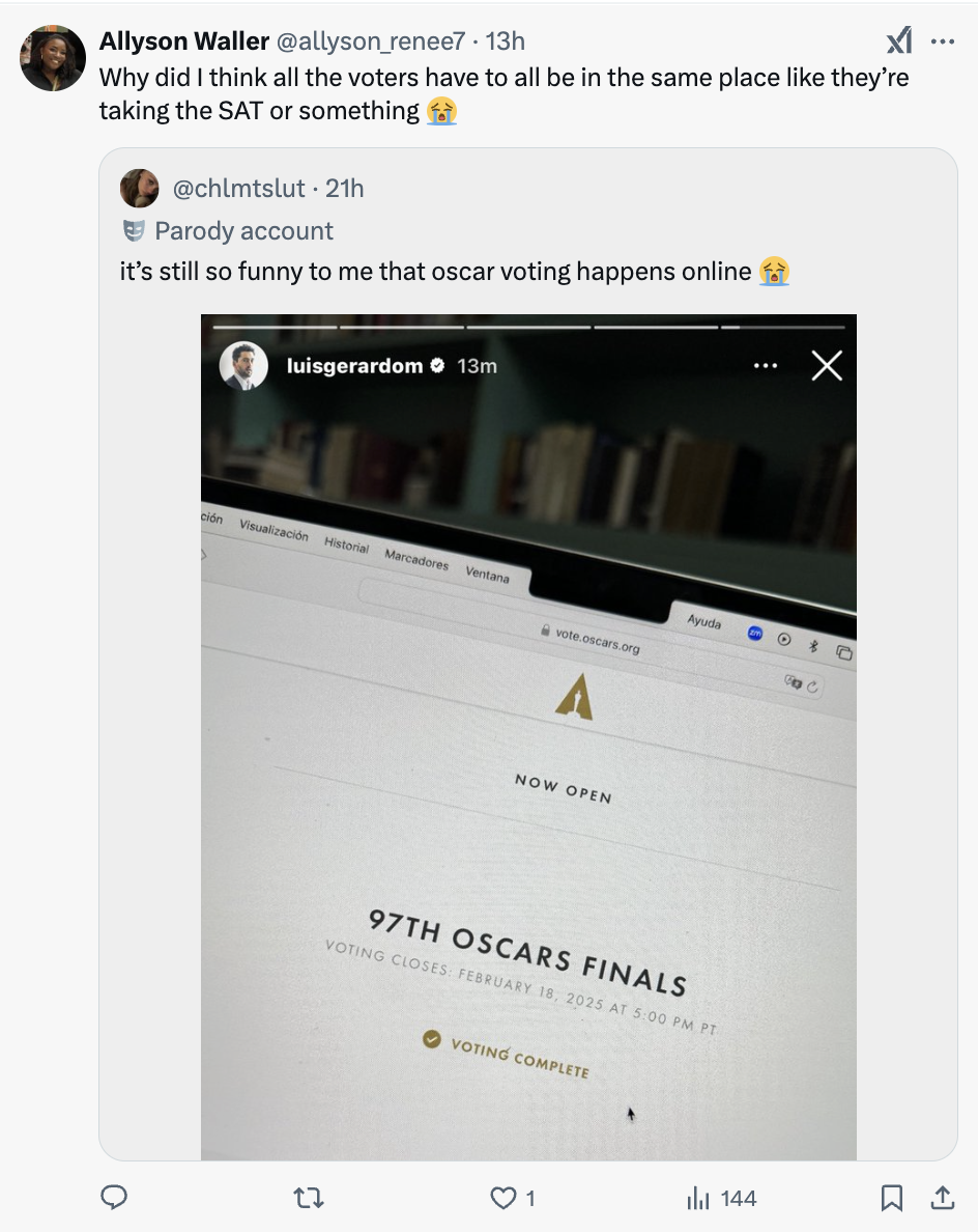 Screenshot of a tweet about the Oscars, humorously questioning why voters aren't in the same place, with a crying emoji
