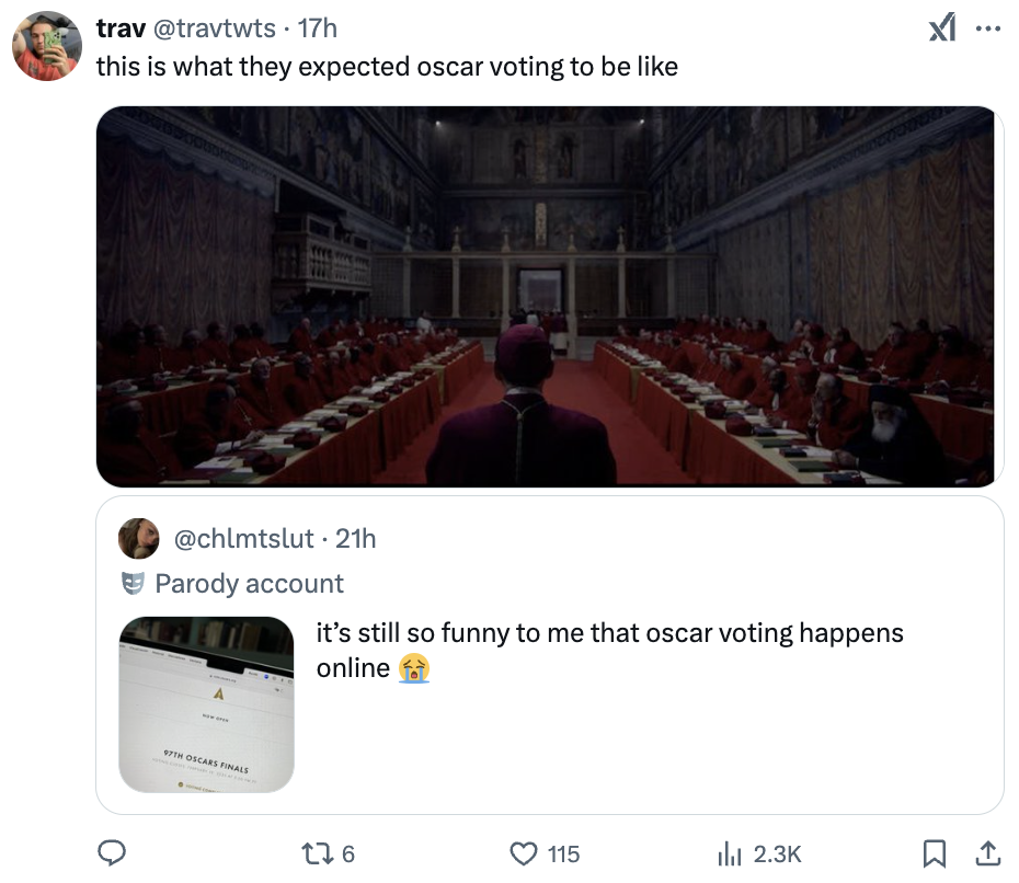 Parody tweet about Oscar voting, contrasting a grand hall meeting and online voting, highlighting the humor in expectations vs. reality