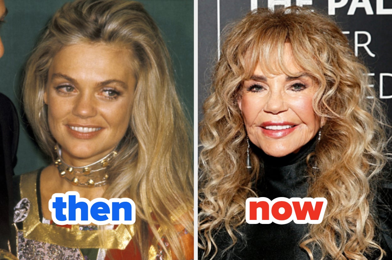 Side-by-side comparison of a woman at two different life stages with "then" and "now" labels; she's wearing glamorous outfits in both images