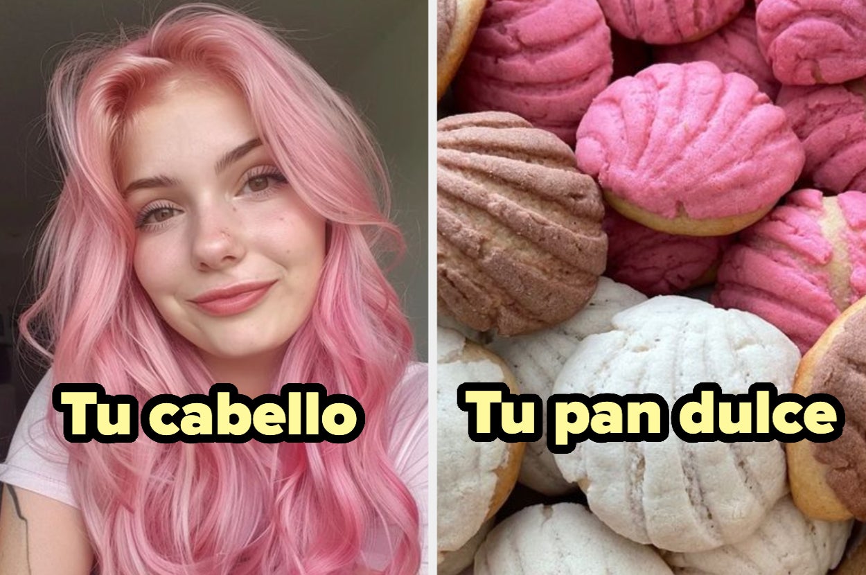 Mujer con cabello rosado, sonríe. Texto dice: "Tu cabello". Imagen de conchas mexicanas. Texto dice: "Tu pan dulce"