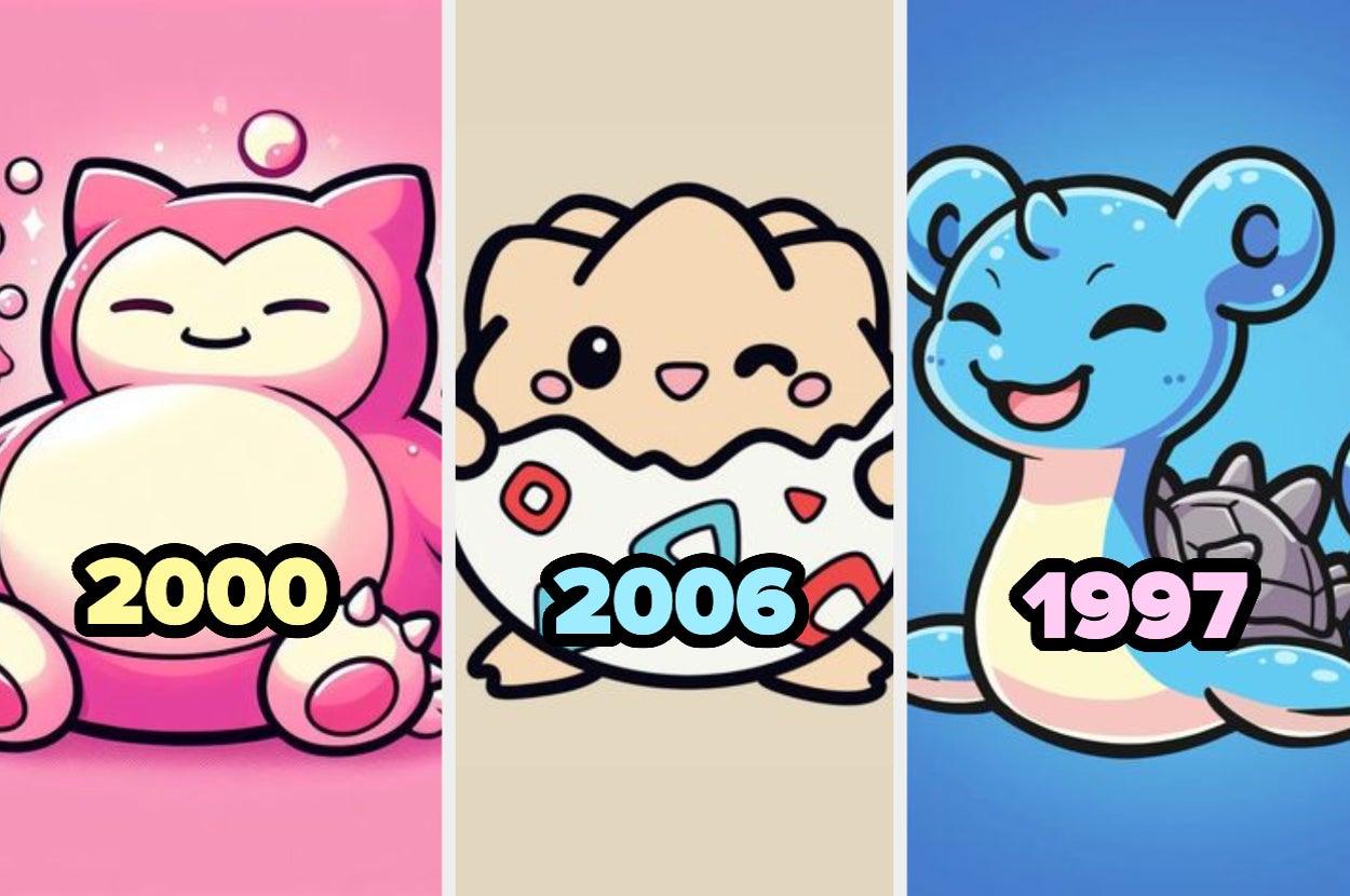 Ilustraciones de tres criaturas estilo caricatura con los años 2000, 2006 y 1997 superpuestos