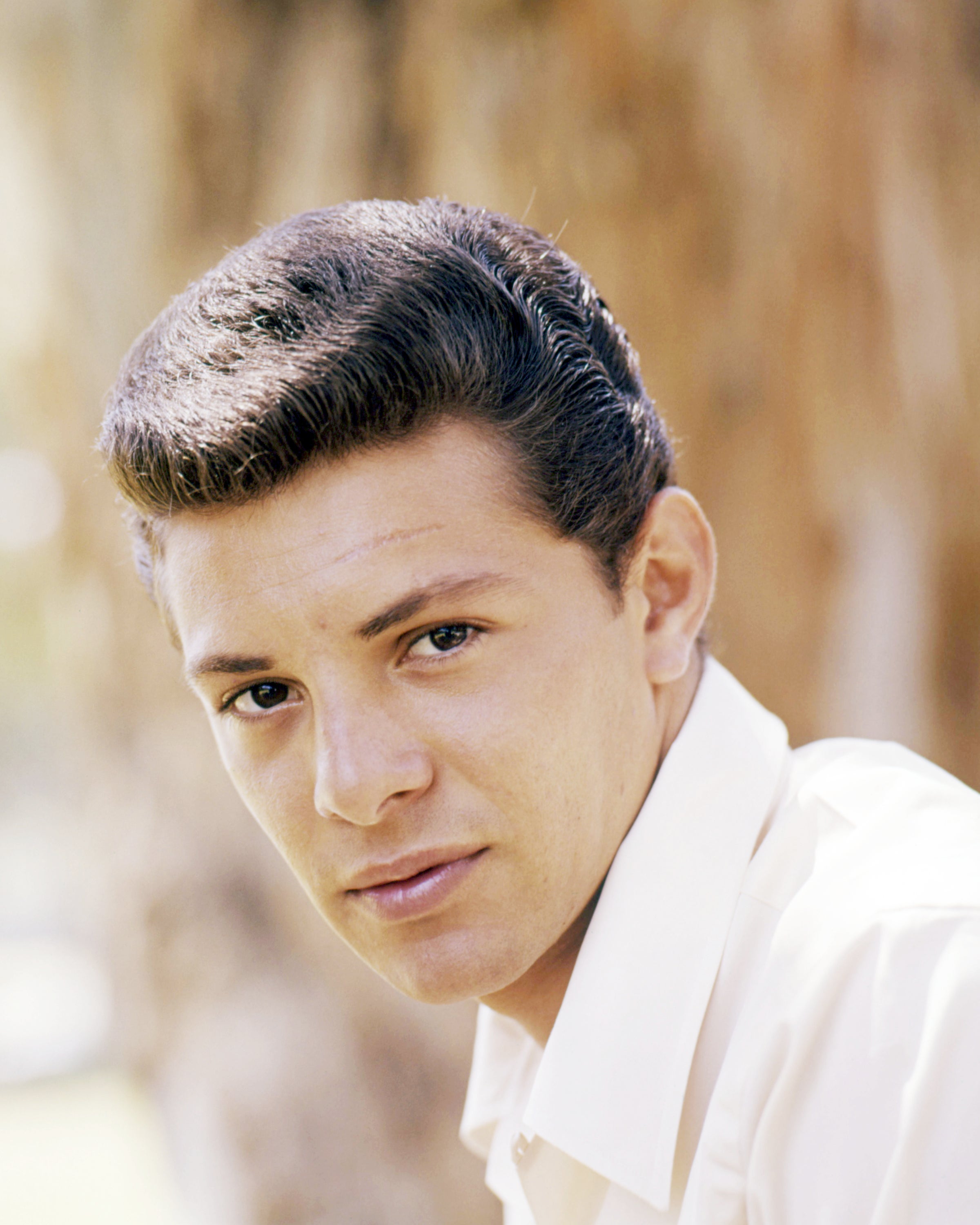 A person with neatly styled hair wearing a collared shirt looks towards the camera, with a blurred natural background