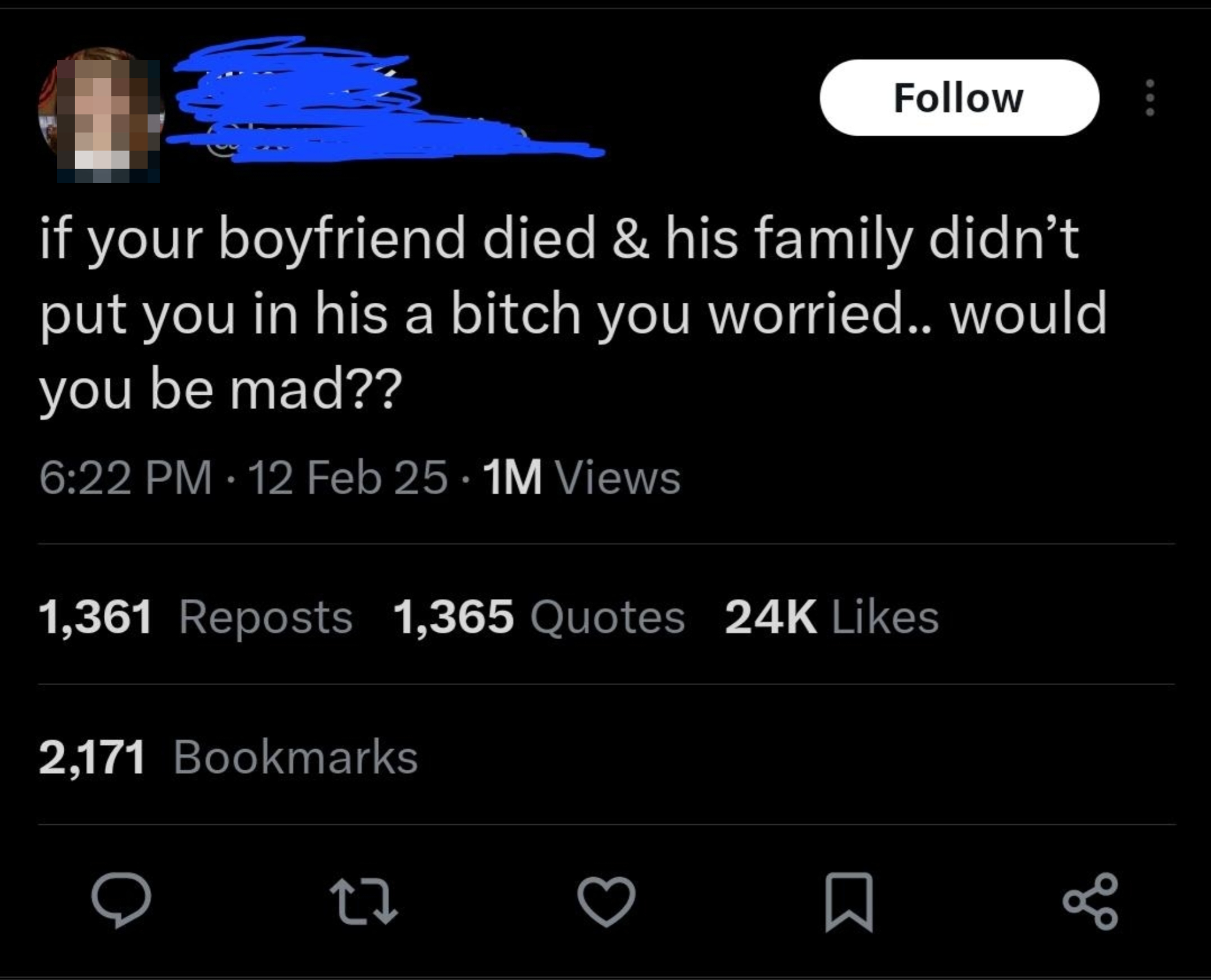 A tweet asks if you’d be mad if your boyfriend died and his family didn't involve you, with high engagement stats shown