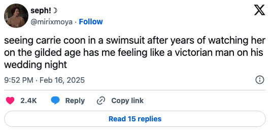 Tweet about seeing Carrie Coon in a swimsuit, comparing it to a Victorian man&#x27;s wedding night excitement