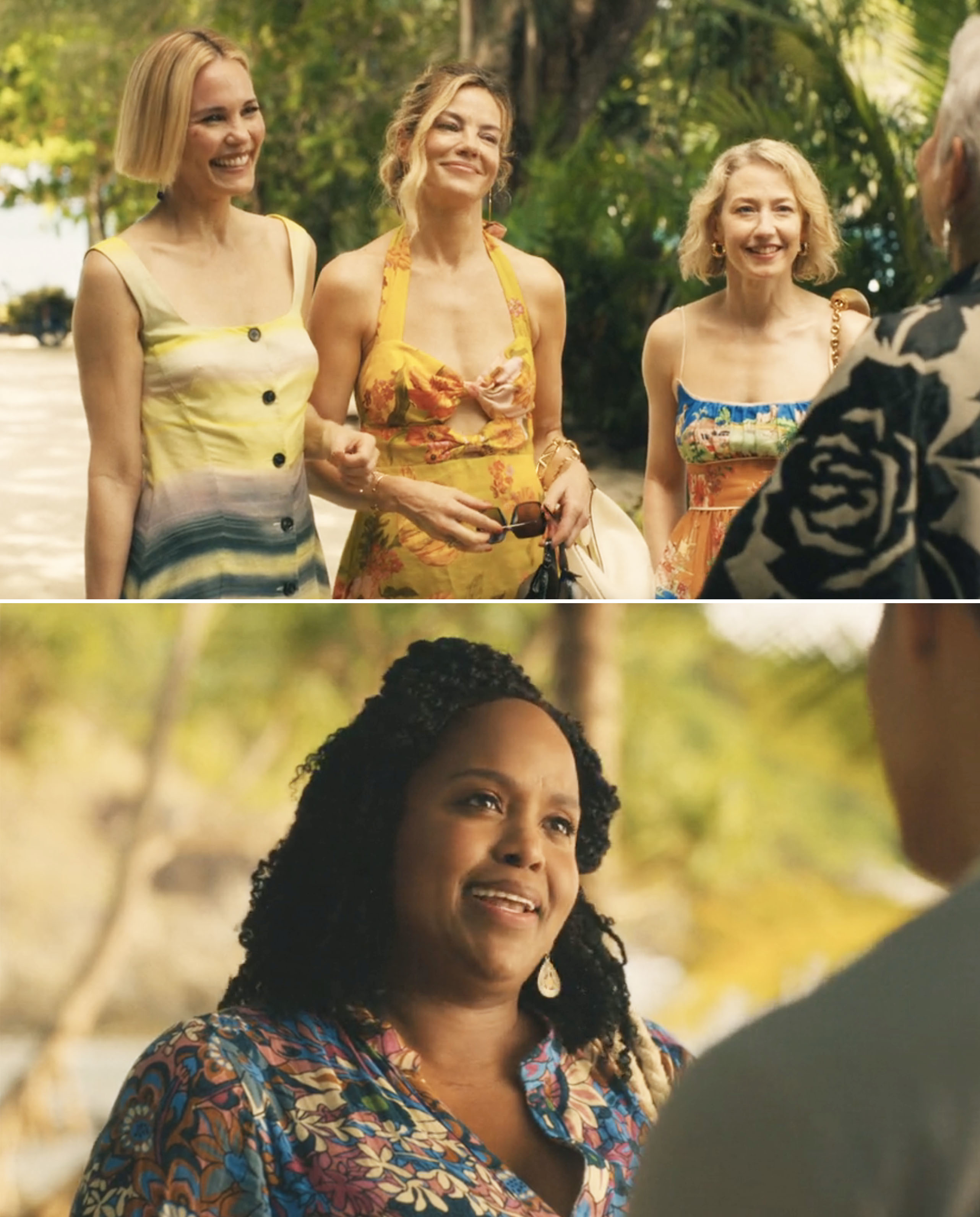 Scene from a TV show: three women in summery dresses talk with a man. Another woman in a floral blouse speaks in a separate shot