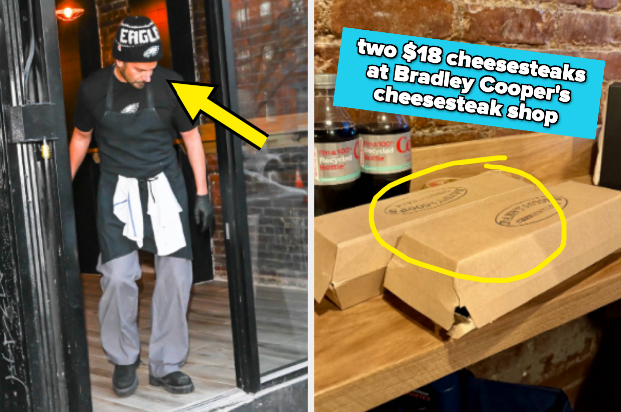 Person at a cheesesteak shop with two boxed cheesesteaks and drinks on a counter