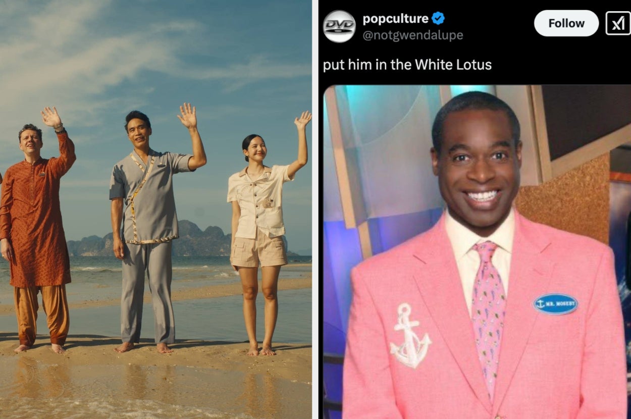 Three people in casual beachwear wave on a shore; tweet suggests adding T. J. Holmes, in a pink suit with an anchor pin, to "The White Lotus" cast