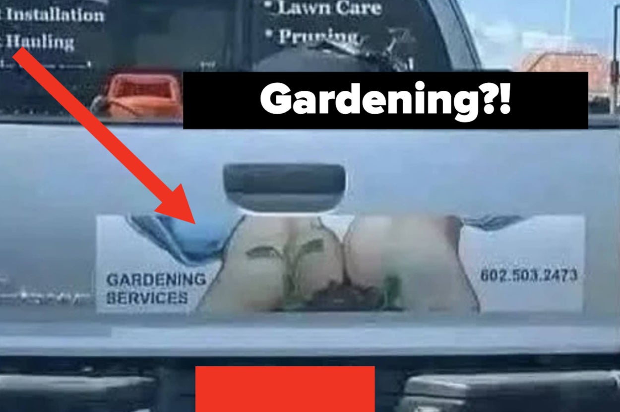 Back of a truck with "Gardening Services" and contact number. An image shows two half faces with dirt resembling a garden. Text: "Gardening?!"