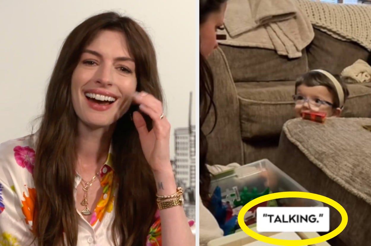 Anne Hathaway smiles with tears in her eyes on the left. On the right, a child wearing glasses plays near a couch with the word "TALKING" highlighted below