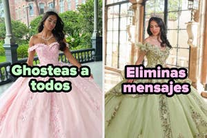 Dos mujeres en vestidos estilo princesa; una en rosa con la frase "Ghosteas a todos" y otra en verde con la frase "Eliminas mensajes"