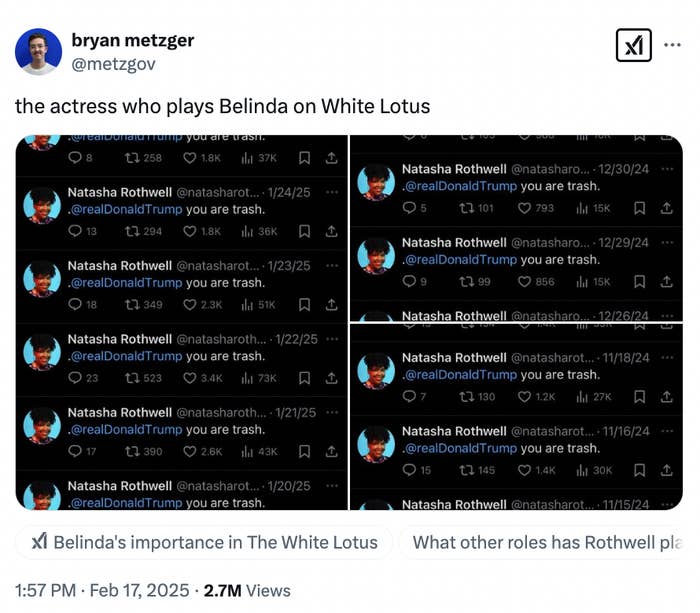 Screenshot of tweets by Natasha Rothwell calling Trump trash