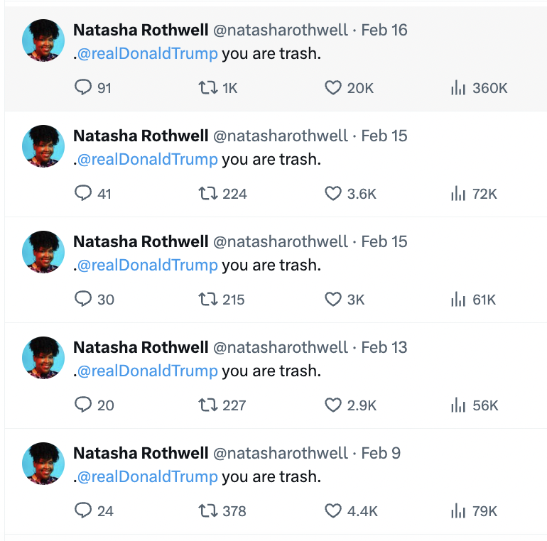 Five tweets from Natasha Rothwell calling out Donald Trump as "trash," each dated from February 9 to 16, with varying likes and retweets