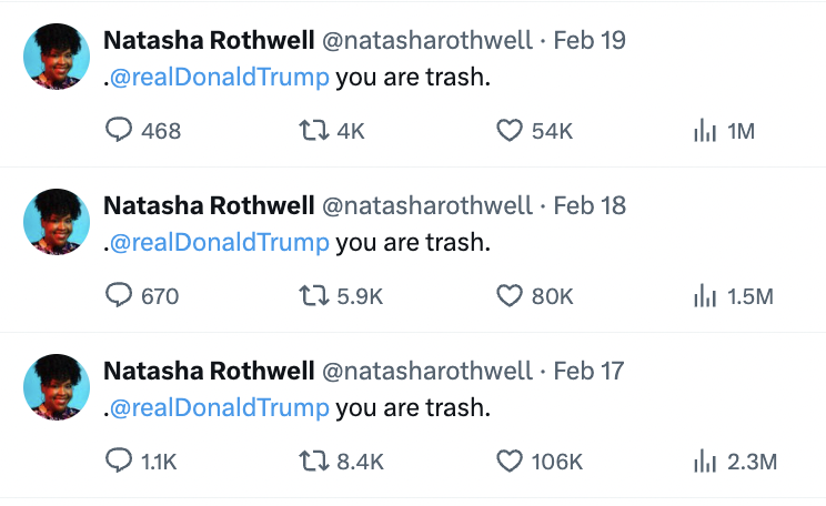 Three tweets by Natasha Rothwell stating "Donald Trump you are trash," with varying retweets, quotes, likes, and views